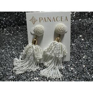 White Beaded Tassel Earrings (By Panacea)